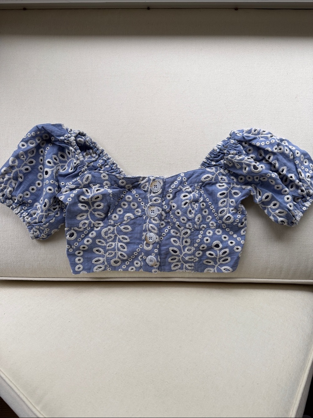 Olivaceous Blue Eyelet Puff-Sleeve Crop Top S